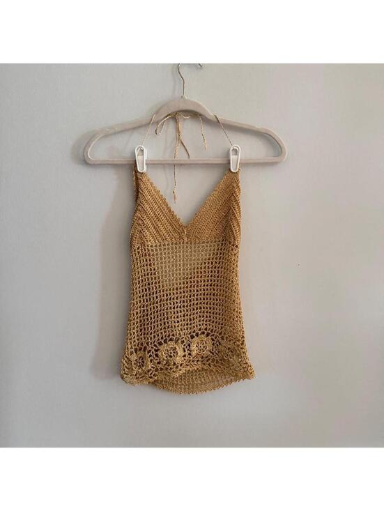 Tops - Gold Metallic Crotchet Halter Top With Floral Lace Trim